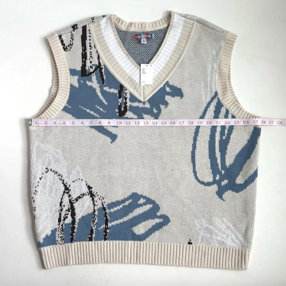 Urban Outfitters Men’s Abstract Pattern V-Neck Sweater Vest Cream Blue Large